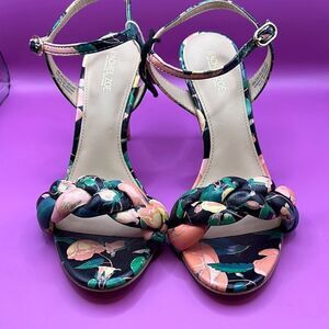 Rachel Zoe Women's 8 Kelly Braid High Heel Sandals Dark Floral Print Leather New
